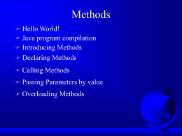 Methods Hello World!  Java program compilation  Introducing Methods  Declaring Methods     Calling Methods    Passing Parameters by value    Overloading Methods.