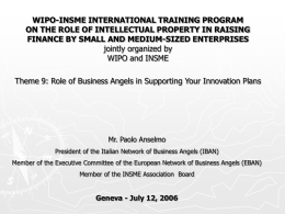 WIPO-INSME INTERNATIONAL TRAINING PROGRAM ON THE ROLE OF INTELLECTUAL PROPERTY IN RAISING FINANCE BY SMALL AND MEDIUM-SIZED ENTERPRISES jointly organized by WIPO and INSME Theme.