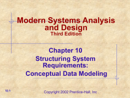 Modern Systems Analysis and Design Third Edition  Chapter 10 Structuring System Requirements: Conceptual Data Modeling 10.1  Copyright 2002 Prentice-Hall, Inc .