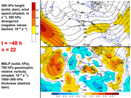 300 hPa height (solid, dam), wind speed (shaded, m s−1), 300 hPa divergence (negative values dashed, 10−6 s−1) 5030  t = −48 h n = 22 MSLP (solid, hPa), 700 hPa.