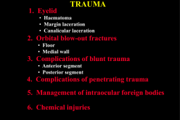 1. Eyelid  TRAUMA  • Haematoma • Margin laceration • Canalicular laceration  2. Orbital blow-out fractures • Floor • Medial wall  3.