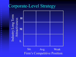 Industry Long Term Attractiveness  Corporate-Level Strategy H  M  L Str.  Avg.  Weak  Firm’s Competitive Position Business Level Strategy Source of Competitive Advantage  Breadth of Competitive Scope  Cost  Uniqueness  Broad Target Market  Cost Leadership  Differentiation  Narrow Target Market  Focused Low Cost  Focused Differentiation.