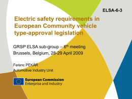 ELSA-6-3  Electric safety requirements in European Community vehicle type-approval legislation GRSP ELSA sub-group – 6th meeting Brussels, Belgium, 28-29 April 2009 Ferenc PEKÁR Automotive Industry Unit.