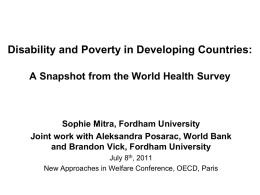 Disability and Poverty in Developing Countries: A Snapshot from the World Health Survey  Sophie Mitra, Fordham University Joint work with Aleksandra Posarac, World.