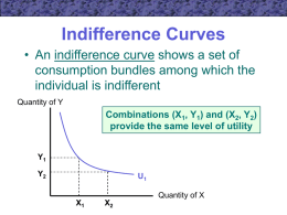 Indifference Curves • An indifference curve shows a set of consumption bundles among which the individual is indifferent Quantity of Y  Combinations (X1, Y1) and.
