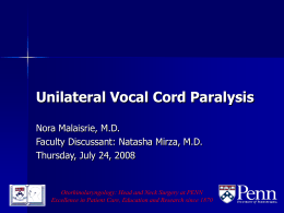 Unilateral Vocal Cord Paralysis Nora Malaisrie, M.D. Faculty Discussant: Natasha Mirza, M.D. Thursday, July 24, 2008  Otorhinolaryngology: Head and Neck Surgery at PENN Excellence in.