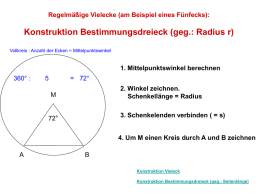 Regelmäßige Vielecke (am Beispiel eines Fünfecks):  Konstruktion Bestimmungsdreieck (geg.: Radius r) Vollkreis : Anzahl der Ecken = Mittelpunktswinkel  1.