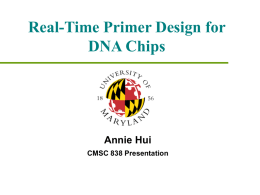 Real-Time Primer Design for DNA Chips  Annie Hui CMSC 838 Presentation Use of primers in PCR and Microarrays   PCR (polymerase chain reaction:   to amplify a.