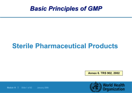 Basic Principles of GMP  Sterile Pharmaceutical Products  Annex 6. TRS 902, 2002  Module 14 |  Slide 1 of 62  January 2006