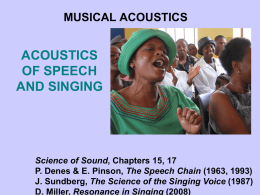 MUSICAL ACOUSTICS  ACOUSTICS OF SPEECH AND SINGING  Science of Sound, Chapters 15, 17 P. Denes & E.
