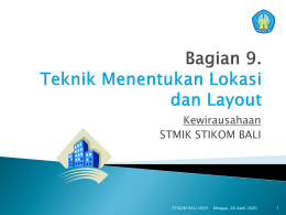 Kewirausahaan STMIK STIKOM BALI  STIKOM BALI 2009  Jumat, 06 Nopember 2015  Tempat  untuk menjalankan kegiatan usaha, sebagai tempat perencanaan, pengambil keputusan, pengendalian, proses produksi, penjualan, atau sebagai tempat.