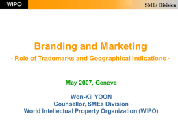 SMEs Division  Branding and Marketing - Role of Trademarks and Geographical Indications -  May 2007, Geneva Won-Kil YOON Counsellor, SMEs Division World Intellectual Property Organization (WIPO)