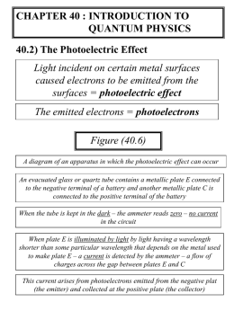 CHAPTER 40 : INTRODUCTION TO QUANTUM PHYSICS 40.2) The Photoelectric Effect Light incident on certain metal surfaces caused electrons to be emitted from the surfaces.