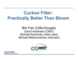 Cuckoo Filter: Practically Better Than Bloom Bin Fan (CMU/Google) David Andersen (CMU) Michael Kaminsky (Intel Labs) Michael Mitzenmacher (Harvard)