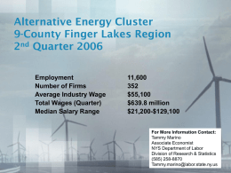 Alternative Energy Cluster 9-County Finger Lakes Region 2nd Quarter 2006 Employment Number of Firms Average Industry Wage Total Wages (Quarter) Median Salary Range  11,600$55,100 $639.8 million $21,200-$129,100 For More Information Contact: Tammy.