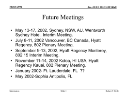 March 2002  doc.: IEEE 802.15-02/146r0  Future Meetings • May 13-17, 2002, Sydney, NSW, AU, Wentworth Sydney Hotel, Interim Meeting. • July 8-11, 2002 Vancouver, BC.