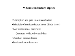 9. Semiconductors Optics  •Absorption and gain in semiconductors •Principle of semiconductor lasers (diode lasers)  •Low dimensional materials: Quantum wells, wires and dots •Quantum cascade lasers  •Semiconductor.