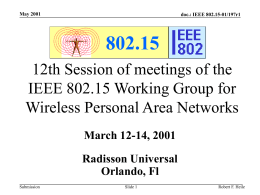 May 2001  doc.: IEEE 802.15-01/197r1  802.15 12th Session of meetings of the IEEE 802.15 Working Group for Wireless Personal Area Networks March 12-14, 2001 Radisson Universal Orlando, Fl Submission  Slide.