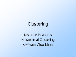 Clustering Distance Measures Hierarchical Clustering k -Means Algorithms The Problem of Clustering Given a set of points, with a notion of distance between points, group.