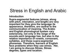 Stress in English and Arabic Introduction Supra-segmental features (stress, along with pitch, intonation, and length) are very important for they give the language its appearance,