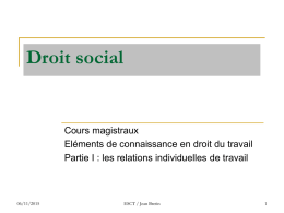 Droit social  Cours magistraux Eléments de connaissance en droit du travail Partie I : les relations individuelles de travail  06/11/2015  ESCT / Jean Bretin.