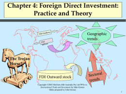 Chapter 4: Foreign Direct Investment: Practice and Theory Geographic trends  The Trojan Horse? FDI Outward stock Copyright ©2003 McGraw-Hill Australia Pty Ltd PPTs t/a International Trade and Investment.