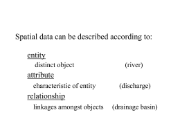 Spatial data can be described according to: entity distinct object  (river)  attribute characteristic of entity  (discharge)  relationship linkages amongst objects  (drainage basin)