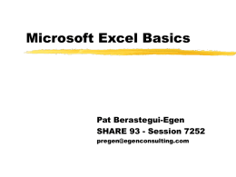 Microsoft Excel Basics  Pat Berastegui-Egen SHARE 93 - Session 7252 pregen@egenconsulting.com Excel Components  Title Bar  Shows the active document name and can minimize,