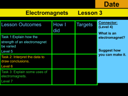 Date Electromagnets Lesson Outcomes Task 1:Explain how the strength of an electromagnet be varied Level 5  Task 2: Interpret the data to draw conclusions. Level 6 Task 3: Explain some.