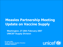 Measles Partnership Meeting Update on Vaccine Supply Washington, 27-28th February 2007 UNICEF Supply Division.