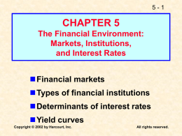 5-1  CHAPTER 5 The Financial Environment: Markets, Institutions, and Interest Rates Financial markets Types of financial institutions Determinants of interest rates Yield curves Copyright © 2002 by Harcourt, Inc.  All.