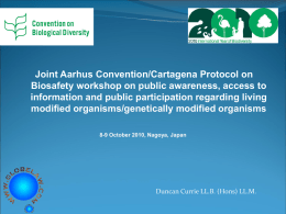 Joint Aarhus Convention/Cartagena Protocol on Biosafety workshop on public awareness, access to information and public participation regarding living modified organisms/genetically modified organisms 8-9 October.