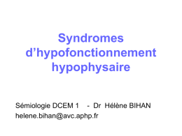 Syndromes d’hypofonctionnement hypophysaire Sémiologie DCEM 1 - Dr Hélène BIHAN helene.bihan@avc.aphp.fr Rapports anatomiques de l ’hypophyse  Schéma de l ’ hypophyse  Sinus caverneux III IV carotide interne V1 V2