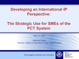 Developing an International IP Perspective: The Strategic Use for SMEs of the PCT System May 31, 2007 Matthew Bryan Director, Patent Cooperation Treaty Legal Division.