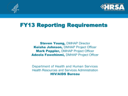 FY13 Reporting Requirements Steven Young, DMHAP Director Keisha Johnson, DMHAP Project Officer Mark Peppler, DMHAP Project Officer Adeola Fawehinmi, DMHAP Project Officer Department of Health.
