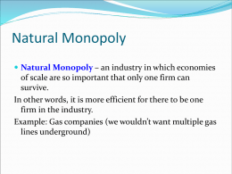 Natural Monopoly  Natural Monopoly – an industry in which economies  of scale are so important that only one firm can survive. In other.