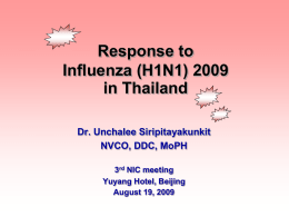 Response to Influenza (H1N1) 2009 in Thailand Dr. Unchalee Siripitayakunkit NVCO, DDC, MoPH 3rd NIC meeting Yuyang Hotel, Beijing August 19, 2009