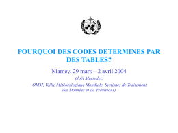 POURQUOI DES CODES DETERMINES PAR DES TABLES? Niamey, 29 mars – 2 avril 2004 (Joël Martellet, OMM, Veille Météorologique Mondiale, Systèmes de Traitement des Données.