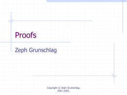 Proofs Zeph Grunschlag  Copyright © Zeph Grunschlag, 2001-2002. Agenda Proofs: General Techniques Direct Proof Indirect Proof Proof by Contradiction  L14