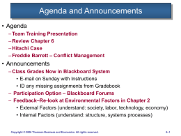 Agenda and Announcements • Agenda – Team Training Presentation – Review Chapter 6 – Hitachi Case – Freddie Barrett – Conflict Management  • Announcements – Class Grades.