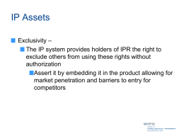 IP Assets Exclusivity – The IP system provides holders of IPR the right to exclude others from using these rights without authorization Assert it by.