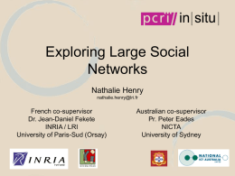 Exploring Large Social Networks Nathalie Henry nathalie.henry@lri.fr  French co-supervisor Dr. Jean-Daniel Fekete INRIA / LRI University of Paris-Sud (Orsay)  Australian co-supervisor Pr.