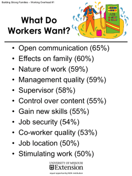 Building Strong Families – Working Overhead #1  What Do Workers Want? • • • • • • • • • • •  Open communication (65%) Effects on family (60%) Nature of work (59%) Management quality (59%) Supervisor (58%) Control.