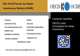 The Third Forum for Asian Insolvency Reform (FAIR)  Progress  Pitfalls  Insolvency Pizza  The Hole  The Implementation Gap  Diversified stakeholders  Bubble risks  Incentives  Emergency measures  The disposal culture  Markets changing  Regional Tour  Multilateral criteria  New email: