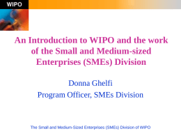 An Introduction to WIPO and the work of the Small and Medium-sized Enterprises (SMEs) Division Donna Ghelfi Program Officer, SMEs Division  The Small and Medium-Sized.