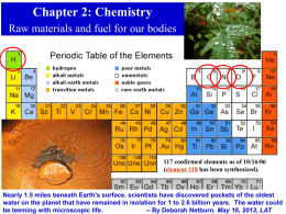 Chapter 2: Chemistry Raw materials and fuel for our bodies  117 confirmed elements as of 10/16/06 (element 118 has been synthesized).  Nearly 1.5 miles.