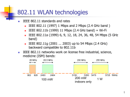 802.11 WLAN technologies     IEEE 802.11 standards and rates  IEEE 802.11 (1997) 1 Mbps and 2 Mbps (2.4 GHz band )  IEEE 802.11b (1999)