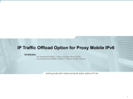 IP Traffic Offload Option for Proxy Mobile IPv6 Contributors: Sri Gundavelli (Editor, Cisco), Xingyue Zhou (ZTE), Jouni Korhonen (NSN), Gaetan F, Rajeev Koodli.