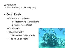 29 April 2008 OCN 621 – Biological Oceanography  • Coral Reefs – What is a coral reef? • Habitat forming scleractinians • Different types of.