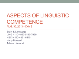 ASPECTS OF LINGUISTIC COMPETENCE AUG. 30, 2013 – DAY 3 Brain & Language LING 4110-4890-5110-7960 NSCI 4110-4891-6110 Harry Howard Tulane Universit.